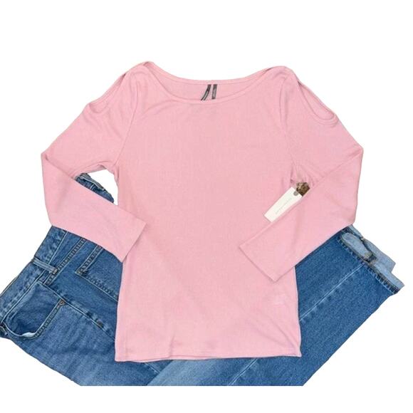 NWT Anthropologie Pink Open-Shoulder Silhouette Pullover Ribbed Top - Picture 1 of 10